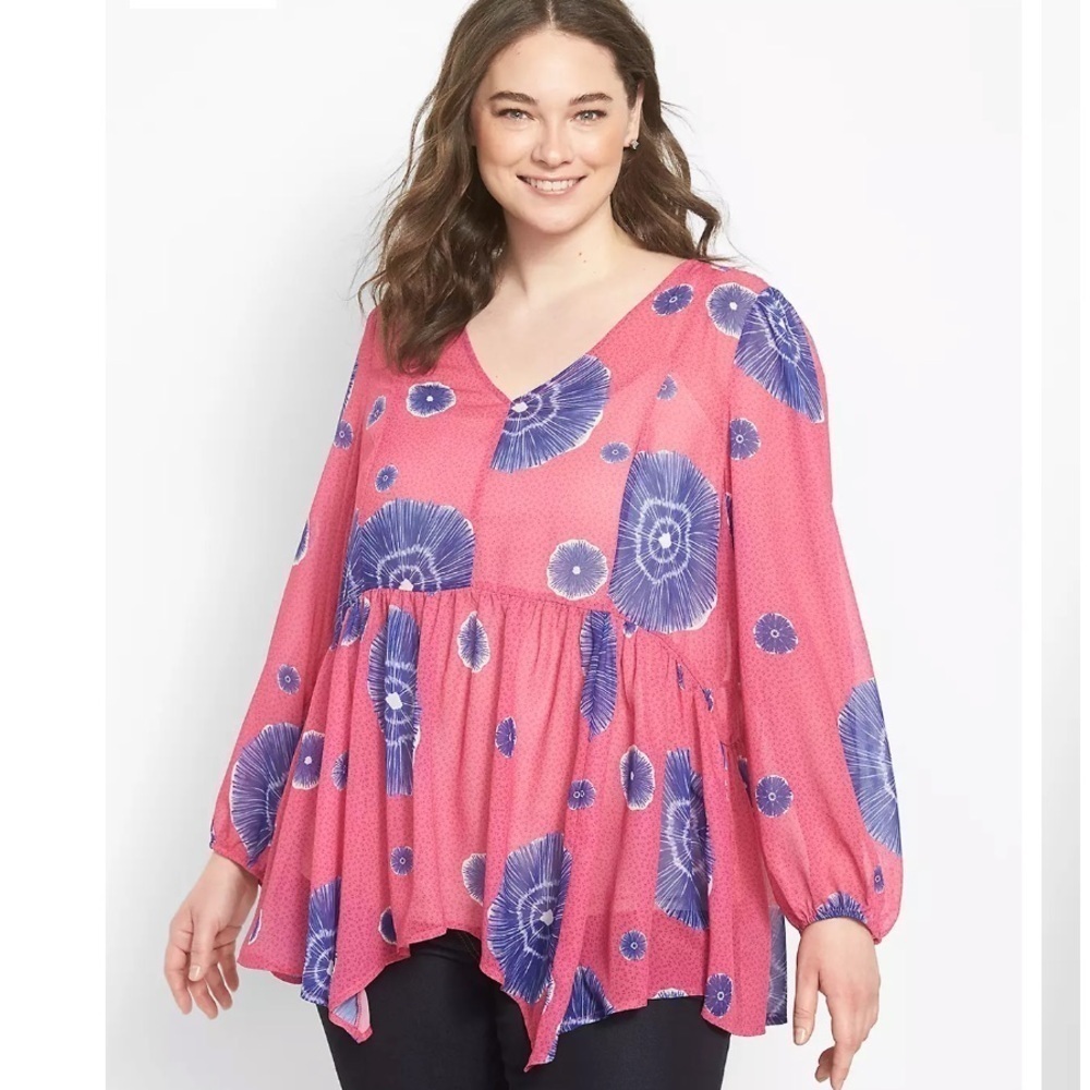 Lane Bryant Batik Floral Babydoll Blouse Pink Purple Sheer V-Neck Size 18/20 - Picture 9 of 9